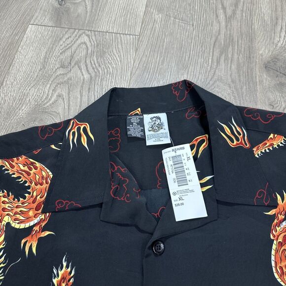 Vintage Y2K KENNINGTON LTD Dragon Button Down Hawaiian Shirt Black Flame NWT XL - Picture 3 of 6